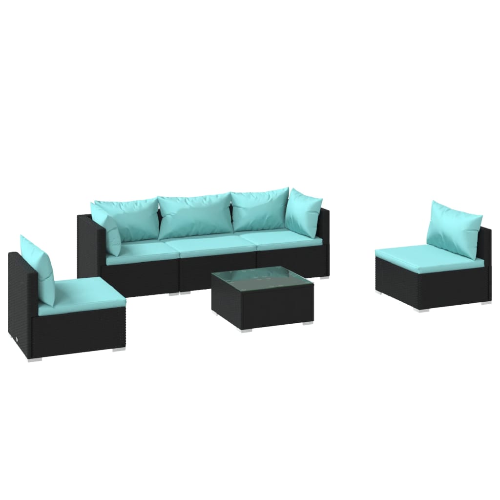 Set de muebles de jardín 6 pzas y cojines ratán sintético negro