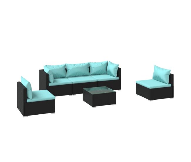 Set de muebles de jardín 6 pzas y cojines ratán sintético negro
