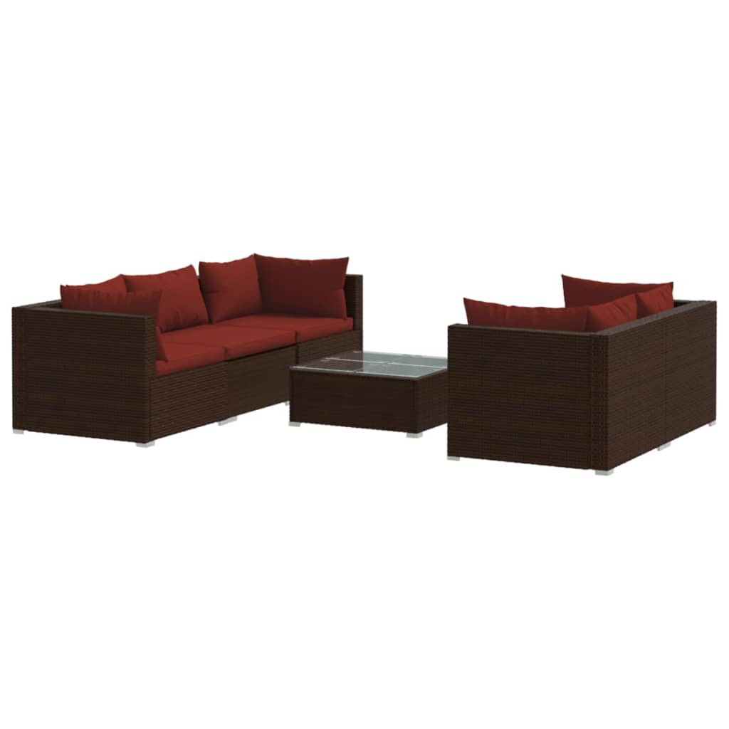 Set muebles de jardín 6 piezas y cojines ratán sintético marrón