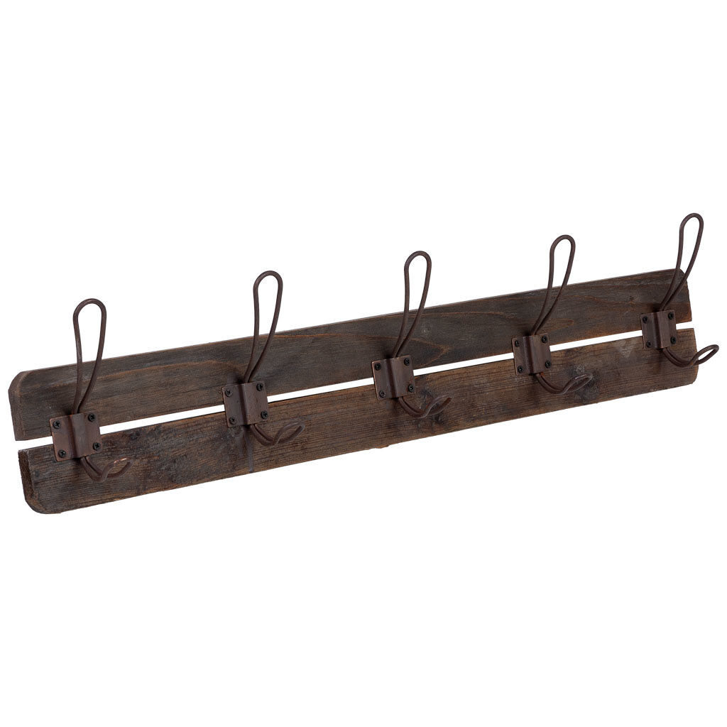 Percha de pared de madera y metal con 5 ganchos marrón 66x6x13.5h cm