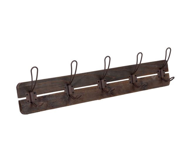 Percha de pared de madera y metal con 5 ganchos marrón 66x6x13.5h cm