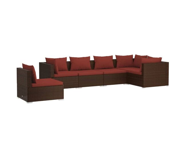 Set muebles de jardín 6 piezas y cojines ratán sintético marrón