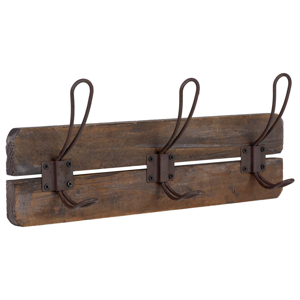 Percha de pared de madera y metal con 3 ganchos marrón 38x6x13.5h cm