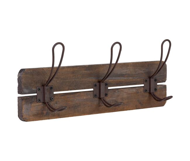Percha de pared de madera y metal con 3 ganchos marrón 38x6x13.5h cm