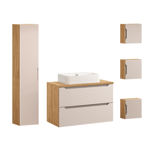 Conjunto móvel lavatório individual 90 cm coluna e 3 armários murais Mallory Bege e madeira