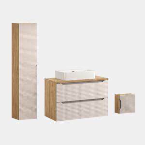 Conjunto móvel lavatório individual 90 cm coluna e 3 armários murais Mallory Bege e madeira