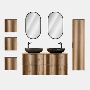 Conjunto móvel lavatório duplo 120cm espelhos LED coluna e 3 armários de parede Gaia Madeira e Preto Lavatório Preto