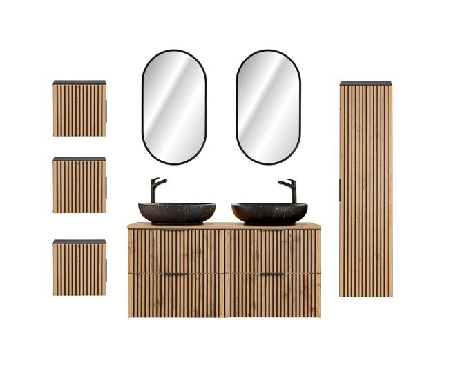 Conjunto mueble lavabo doble 120cm espejos led columna y 3 armarios de pared gaia madera y negro - lavabo negro