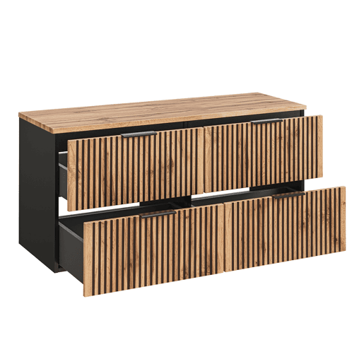 Conjunto móvel lavatório duplo 120cm espelhos LED coluna e 3 armários de parede Gaia Madeira e Preto Lavatório Preto