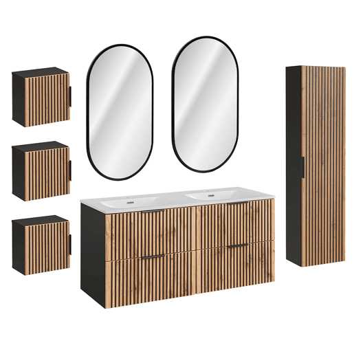 Conjunto móvel lavatório duplo encastrado 120cm espelhos LED coluna e 3 armários de parede Gaia Madeira e Preto