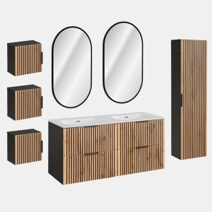 Conjunto móvel lavatório duplo encastrado 120cm espelhos LED coluna e 3 armários de parede Gaia Madeira e Preto