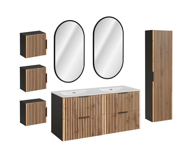 Conjunto mueble lavabo doble encastrado 120cm espejos led columna y 3 armarios de pared gaia madera y negro
