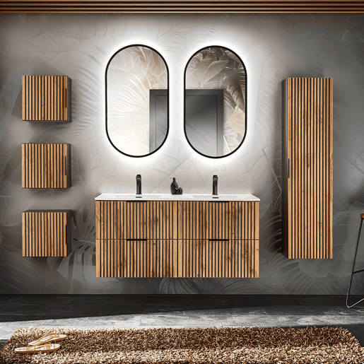 Conjunto móvel lavatório duplo encastrado 120cm espelhos LED coluna e 3 armários de parede Gaia Madeira e Preto