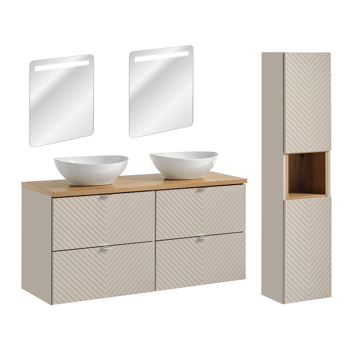 Conjunto de muebles con doble lavabo espejos LED y columna Manoa