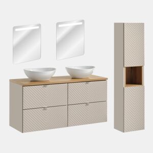 Conjunto móvel duplo lavatório 120cm 4 gavetas espelhos LED e coluna Manoa Caxemira e madeira