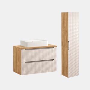 Conjunto móvel lavatório simples 90 cm e coluna Mallory Bege e madeira