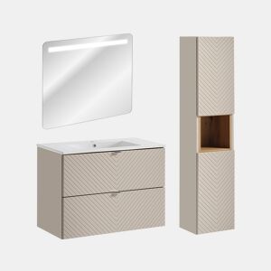 Conjunto móvel lavatório simples encastrado 80cm 2 gavetas espelho LED e coluna Manoa Caxemira e Madeira