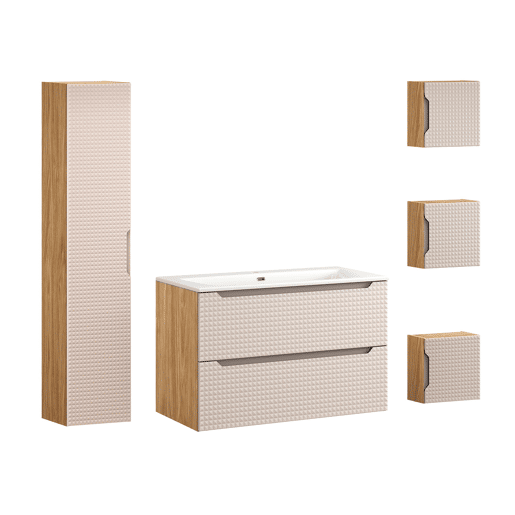 Conjunto móvel lavatório individual embutido 90 cm coluna e 3 armários murais Mallory Bege e madeira