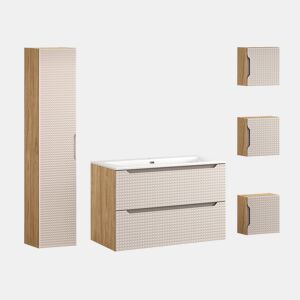 Conjunto móvel lavatório individual embutido 90 cm coluna e 3 armários murais Mallory Bege e madeira
