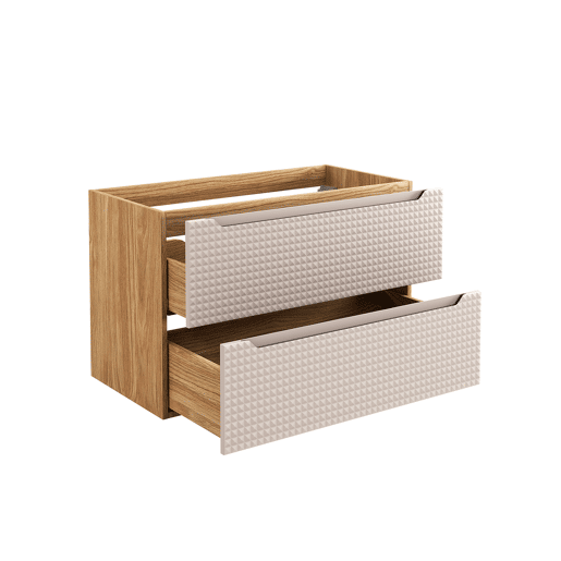 Conjunto móvel lavatório individual embutido 90 cm coluna e 3 armários murais Mallory Bege e madeira
