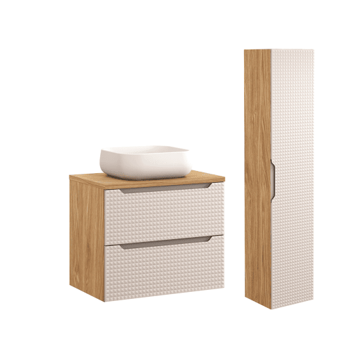 Conjunto móvel simples lavatório 70cm e coluna Mallory Bege e madeira