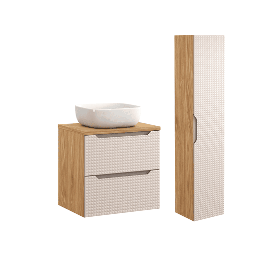 Conjunto móvel simples lavatório 60cm e coluna Mallory Bege e madeira Conjunto móvel simples lavatório 60cm e coluna Mallory Bege e madeira