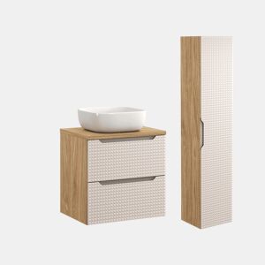 Conjunto móvel simples lavatório 60cm e coluna Mallory Bege e madeira
