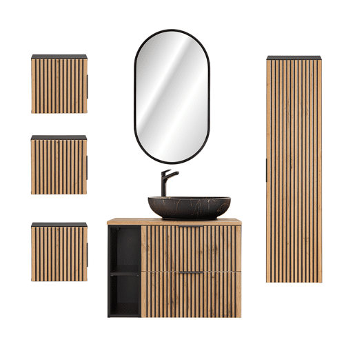 Conjunto móvel lavatório simples 80cm 2 nichos coluna espelho LED e 3 armários de parede Gaia Madeira e Preto Lavatório