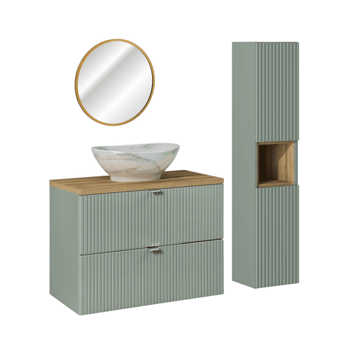 Conjunto móvel lavatório simples 80cm 2 gavetas espelho LED e coluna Jade Verde e Madeira
