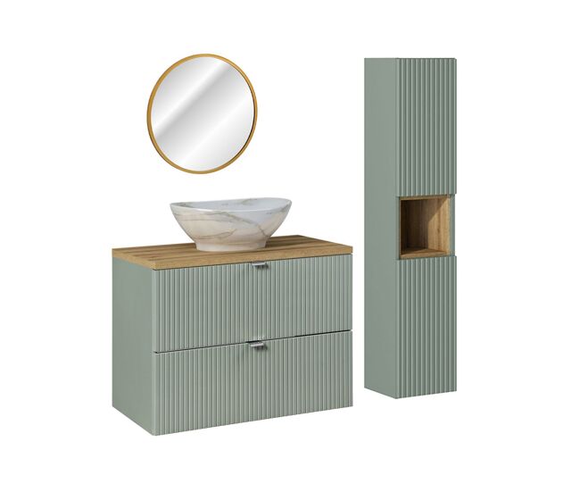 Conjunto mueble lavabo individual 80cm 2 cajones espejo led y columna jade verde y madera