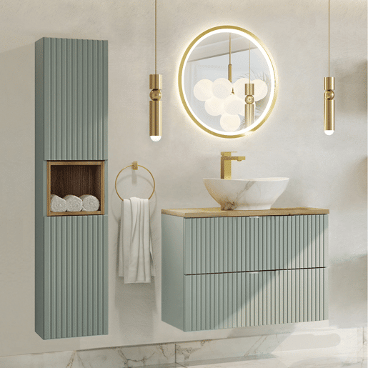 Conjunto móvel lavatório simples 80cm 2 gavetas espelho LED e coluna Jade Verde e Madeira