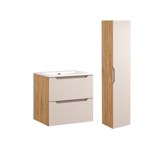 Conjunto móvel lavatório individual embutido 60 cm e coluna Mallory Bege e madeira
