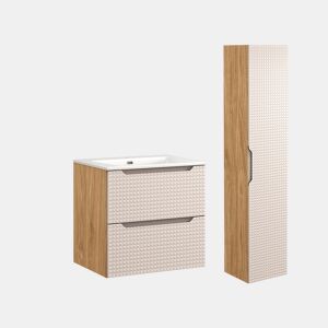 Conjunto móvel lavatório individual embutido 60 cm e coluna Mallory Bege e madeira