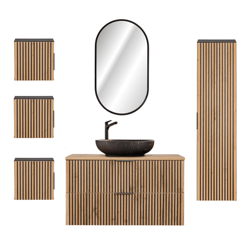 Conjunto móvel lavatório simples 100cm espelho LED coluna e 3 armários de parede Gaia Madeira e Preto Lavatório Preto