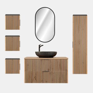 Conjunto móvel lavatório simples 100cm espelho LED coluna e 3 armários de parede Gaia Madeira e Preto Lavatório Preto