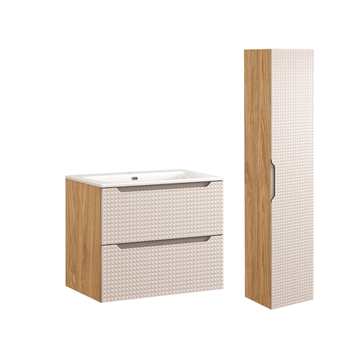 Conjunto móvel simples lavatório encastrado 70cm e coluna Mallory Bege e madeira
