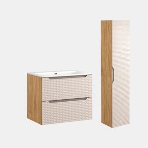 Conjunto móvel simples lavatório encastrado 70cm e coluna Mallory Bege e madeira