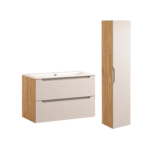 Conjunto móvel lavatório individual embutido 90 cm e coluna Mallory Bege e madeira