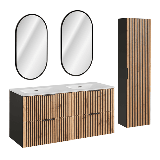 Conjunto móvel lavatório duplo encastrado 120cm espelhos LED e coluna Gaia Madeira e Preto