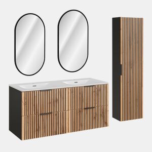 Conjunto móvel lavatório duplo encastrado 120cm espelhos LED e coluna Gaia Madeira e Preto