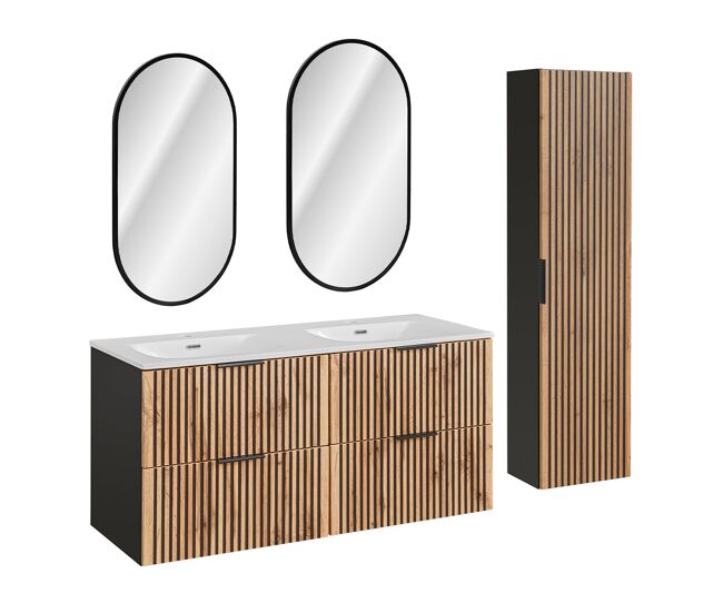 Conjunto mueble lavabo doble encastrado 120cm espejos led y columna gaia madera y negro