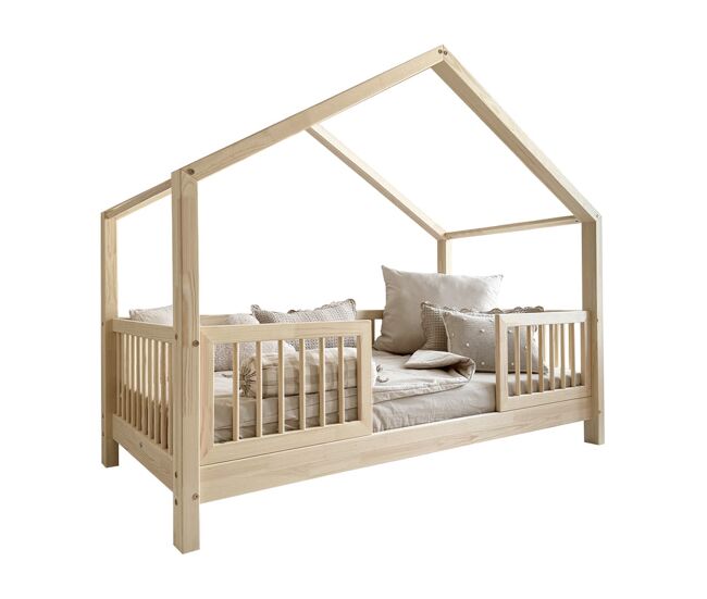 Cama cabaña 90x200 barandilla y somier incluidos patas 10 cm Rosalie Madera