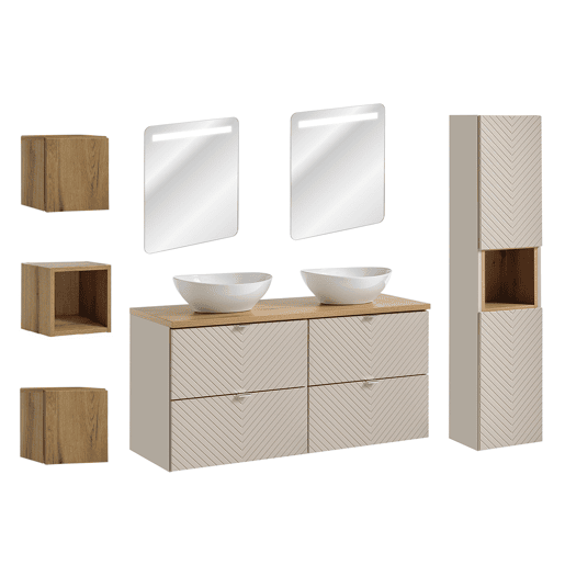 Conjunto móvel duplo lavatório 120cm 4 gavetas espelhos LED coluna e 3 armários murais Manoa Caxemira e madeira