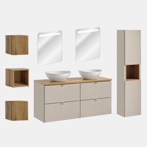 Conjunto móvel duplo lavatório 120cm 4 gavetas espelhos LED coluna e 3 armários murais Manoa Caxemira e madeira