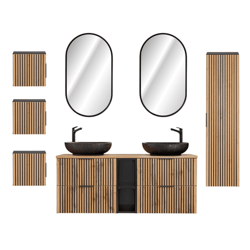 Lavatório duplo 140cm 2 nichos Espelhos LED coluna e 3 armários de parede Gaia Wood e Black - Lavatório preto