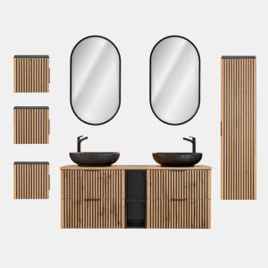 Lavatório duplo 140cm 2 nichos Espelhos LED coluna e 3 armários de parede Gaia Wood e Black - Lavatório preto