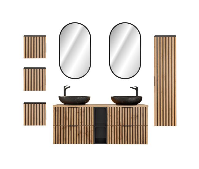 Conjunto mueble lavabo doble 140cm 2 compartimientos espejos led columna y 3 armarios de pared gaia madera y negro - lav