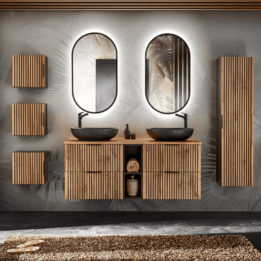 Lavatório duplo 140cm 2 nichos Espelhos LED coluna e 3 armários de parede Gaia Wood e Black - Lavatório preto