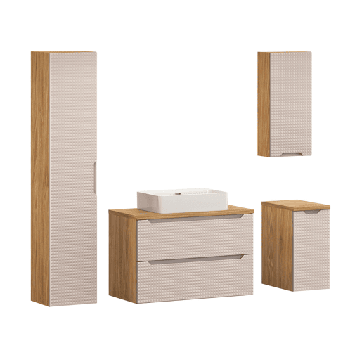 Conjunto móvel lavatório individual 90 cm coluna e 2 meias-colunas Mallory Bege e madeira