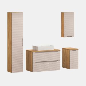 Conjunto móvel lavatório individual 90 cm coluna e 2 meias-colunas Mallory Bege e madeira